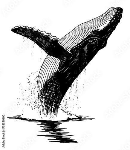 Humpback Whale Breaching from the Water Black and White Outline Line Art Drawing Engraving Illustration