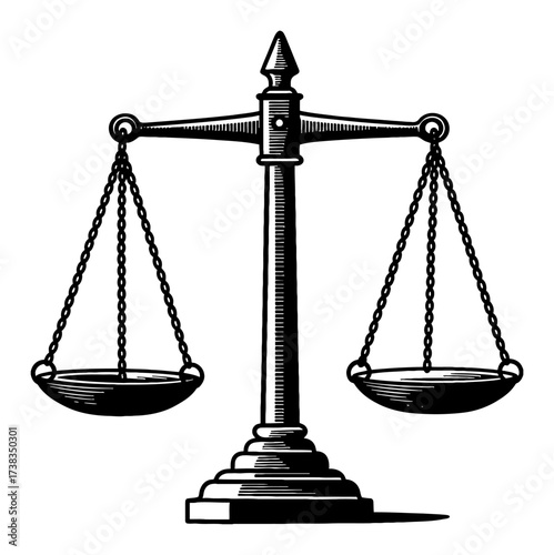 Detailed Retro Balance Scale of Justice Symbol Black and White Outline Line Art Drawing Illustration