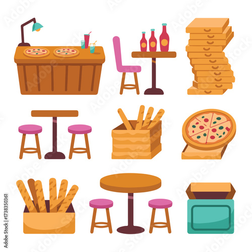 A vibrant cartoon illustration set of kitchen tools and food icons for a breakfast, lunch, or dinner restaurant design