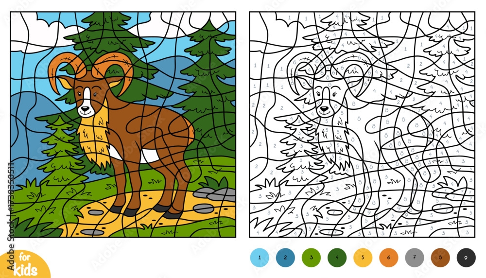 Fototapeta premium Cute cartoon urial wild sheep on forest background. Color by number page for kids about animals. Educational activity game for preschool and kindergarten children to learn numbers and colors