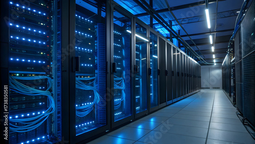Immersive data center hallway with blue led lights and server racks deep perspective