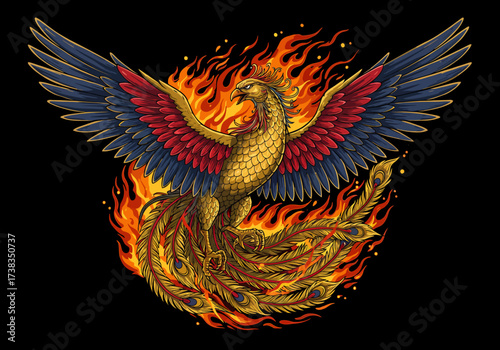 Majestic Phoenix Rising from Flames with Colorful Wings.