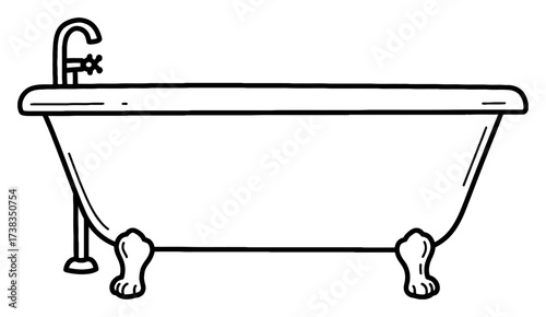 Clawfoot Bathtub with Faucet Black and White Outline Line Art Drawing Engraving Vector Isolated Object
