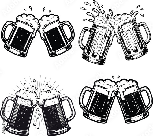 Beer Mugs Clinking with Foam and Splash Vector Illustration Set
