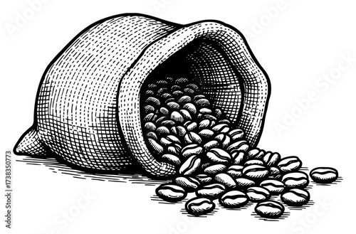 Coffee Beans Spilling Out Of Sack Black and White Outline Line Art Drawing Vintage Engraving Style