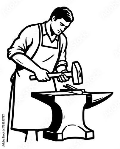 Blacksmith Hammering Metal on Anvil Silhouette Black and White Outline Line Art Drawing