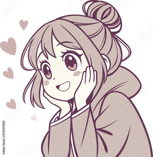 Vector illustration of a cute young woman with light brown hair styled in a loose bun with soft bangs and a few strands framing her face.