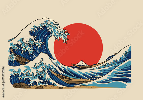 The Great Wave off Kanagawa Inspired Illustration with Boats and Sun.