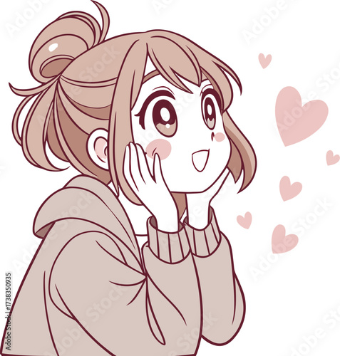 Vector illustration of a cute young woman with light brown hair styled in a loose bun with soft bangs and a few strands framing her face.