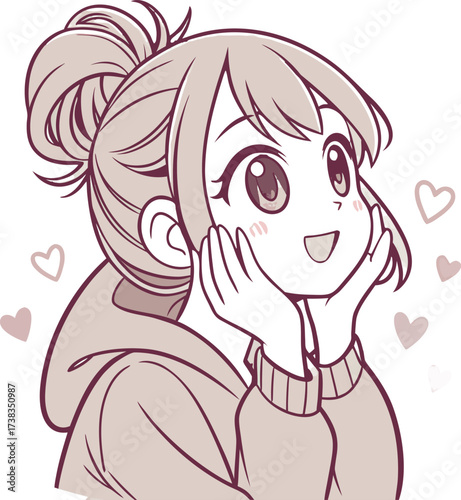 Vector illustration of a cute young woman with light brown hair styled in a loose bun with soft bangs and a few strands framing her face.