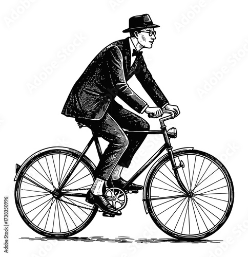 Gentleman in Suit Riding Old Fashioned Vintage Bicycle Black and White Outline Line Art Drawing Engrave Sketch