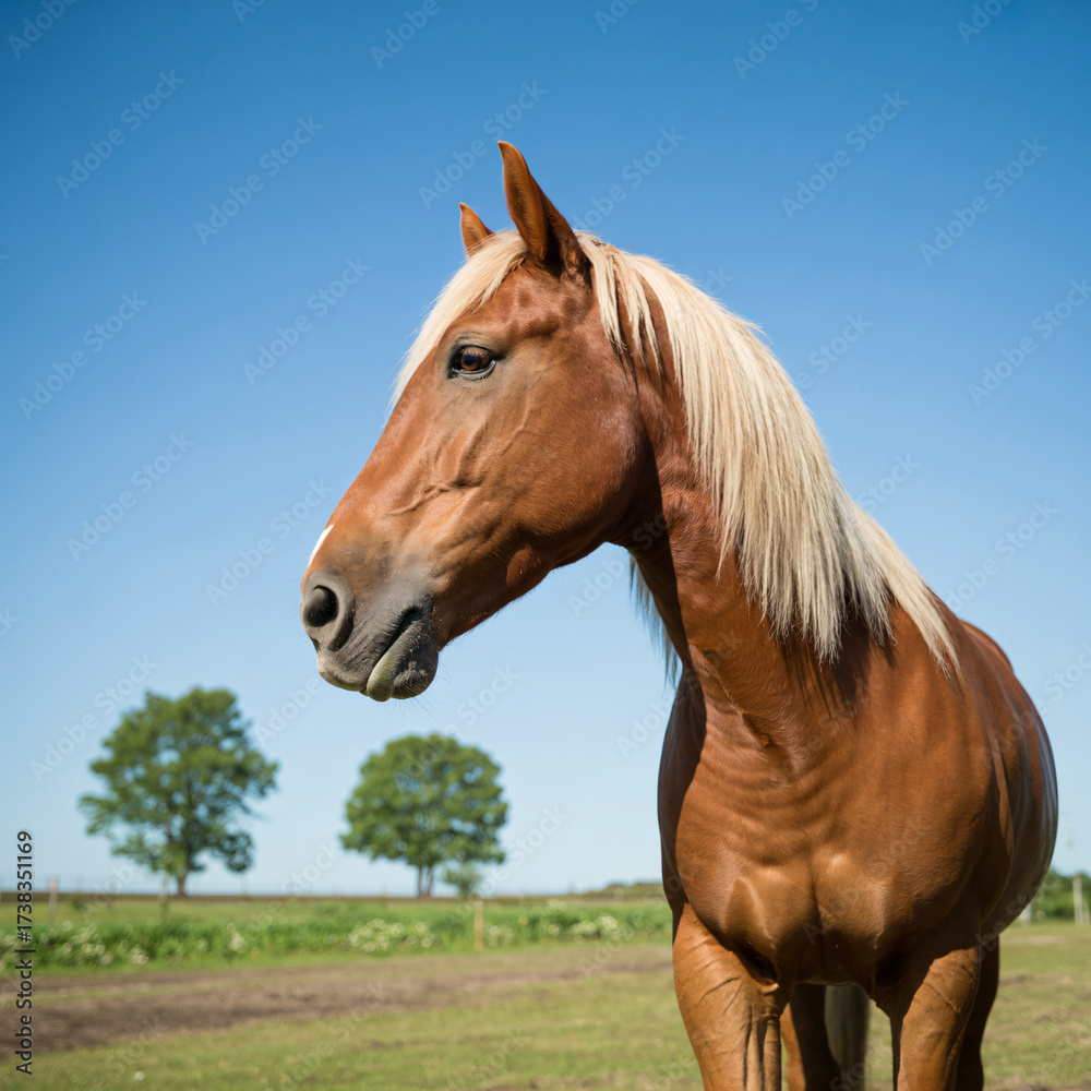 Fototapeta premium Majestic palomino horse gazing peacefully in a sunny green pasture under a clear blue sky exudes natural elegance and beauty