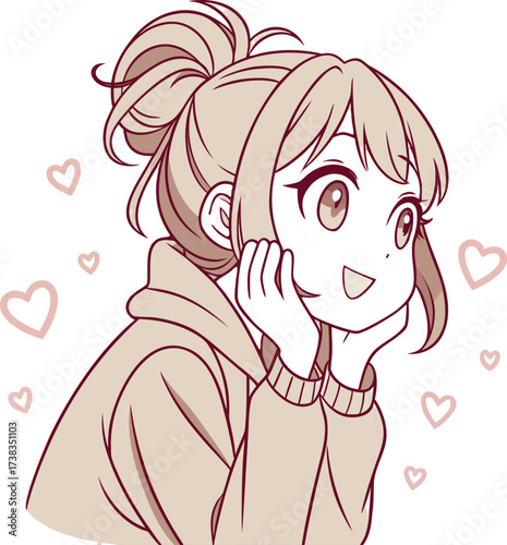 Vector illustration of a cute young woman with light brown hair styled in a loose bun with soft bangs and a few strands framing her face.