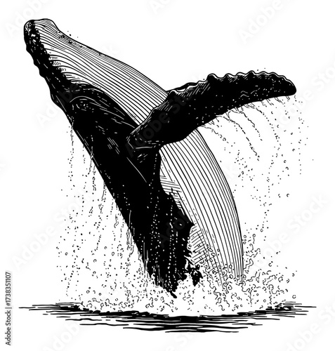 Vintage Whale Breaching from the Water Splashing Black and White Outline Line Art Drawing
