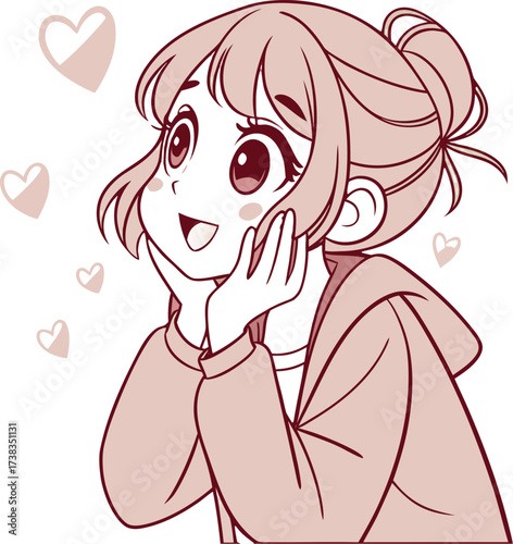 Vector illustration of a cute young woman with light brown hair styled in a loose bun with soft bangs and a few strands framing her face.