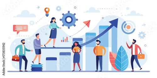 Business Success Concept. Vector cartoon illustration of a group of diverse people in business suits running up a rising graph. Isolated on background