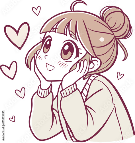 Vector illustration of a cute young woman with light brown hair styled in a loose bun with soft bangs and a few strands framing her face.