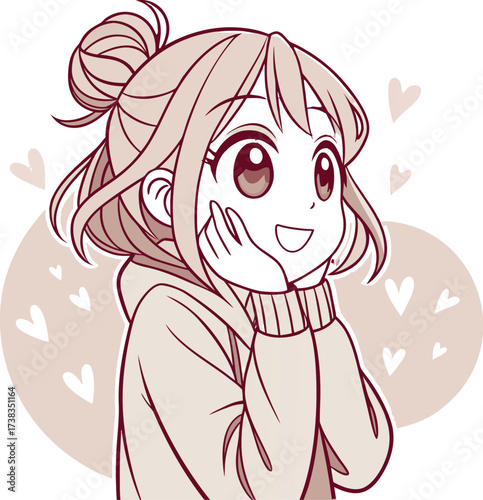 Vector illustration of a cute young woman with light brown hair styled in a loose bun with soft bangs and a few strands framing her face.