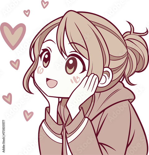 Vector illustration of a cute young woman with light brown hair styled in a loose bun with soft bangs and a few strands framing her face.