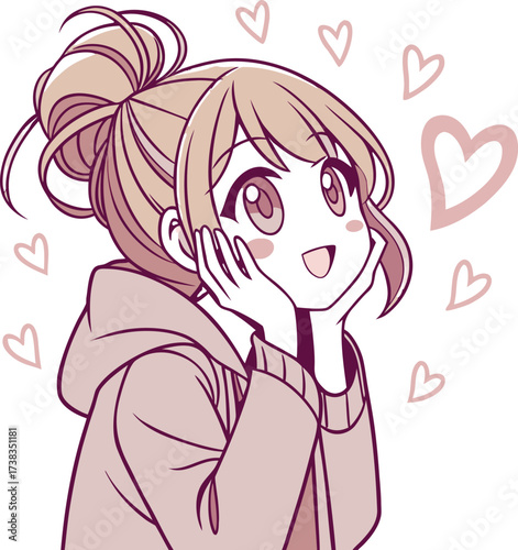 Vector illustration of a cute young woman with light brown hair styled in a loose bun with soft bangs and a few strands framing her face.