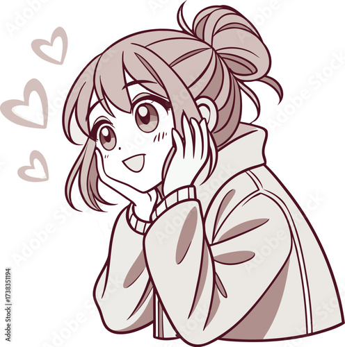 Vector illustration of a cute young woman with light brown hair styled in a loose bun with soft bangs and a few strands framing her face.