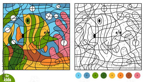 Cute cartoon striped tropical fish and sea background color by number page. Educational activity game for preschool and kindergarten children to learn numbers and colors. Square worksheet