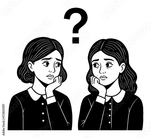 Detailed Doubtful Women Thinking Question Mark Black and White Outline Line Art Drawing Vector Illustration
