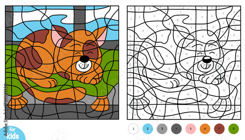 Cute cartoon sleepy cat color by number page for kids. Educational activity game for preschool and kindergarten children to learn numbers and colors. Square worksheet about pet animals