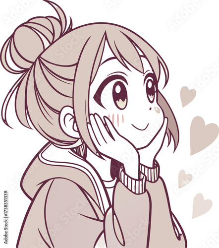 Vector illustration of a cute young woman with light brown hair styled in a loose bun with soft bangs and a few strands framing her face.