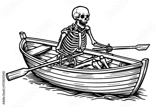 One Skeleton Rowing Boat on Water Vintage Style Black and White Outline Line Art Drawing Etching