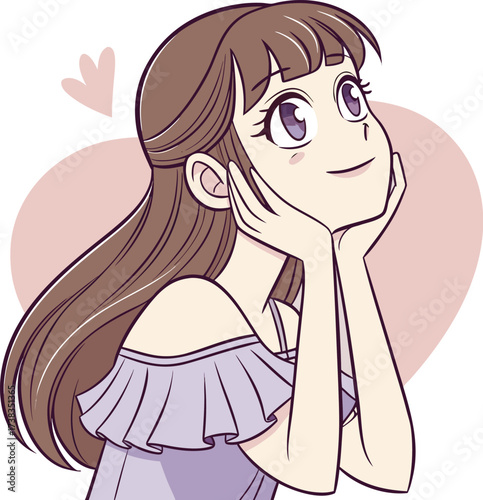 Vector illustration of a cute young woman with light brown hair styled in a loose bun with soft bangs and a few strands framing her face.