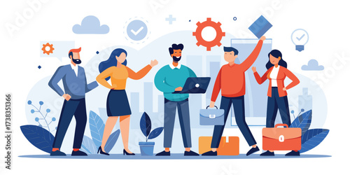 Business Improvement concept. Contemporary flat-style abstract vector illustration of man in business suit with laptop work of scheduler on monitor screen, isolated on a background.