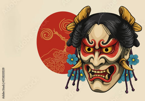 Detailed Illustration of a Japanese Hannya Mask with Floral and Sun Motifs.