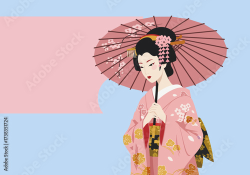 Elegant Geisha with Pink Parasol in Traditional Attire.