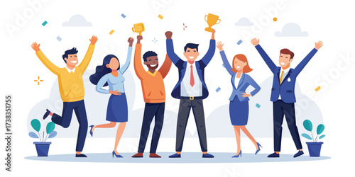 Business Team Success. Vector illustration in flat style of a diverse group of people in business suits in full growth with a large golden cup in their raised up hands. Isolated on background. 