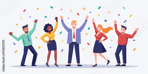 Business team of winners. Vector cartoon illustration in a flat style of a group of happy middle-aged people in business clothes in full length. Isolated on white