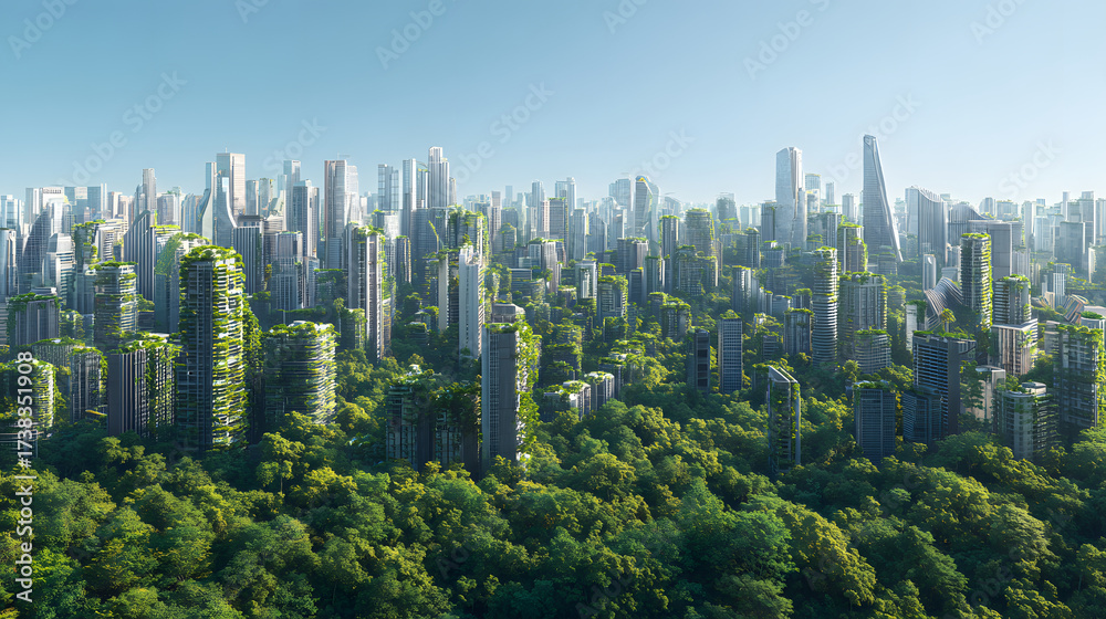Obraz premium Green city sustainable skyline urban forest eco architecture renewable energy solar panel green roof vertical garden modern tower clean air