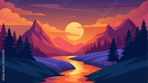 A vibrant sunset casts a warm glow over a mountain stream illuminating the clear waters as they flow through the rugged landscape.