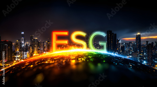 ESG neon glow sustainable city skyline night futuristic green energy finance governance environment social innovation