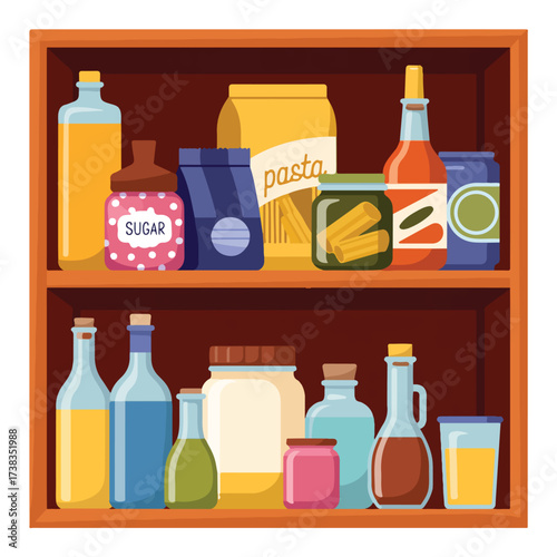 A set of various alcohol bottles and drinks on a bar shelf in a vector illustration