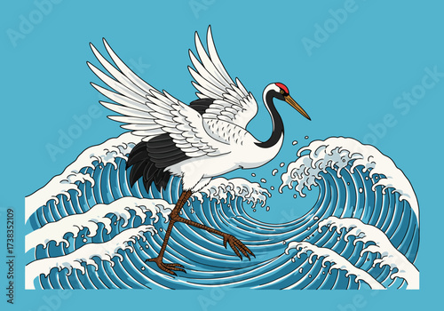 Elegant Red-Crowned Crane Soaring Above Stylized Ocean Waves.