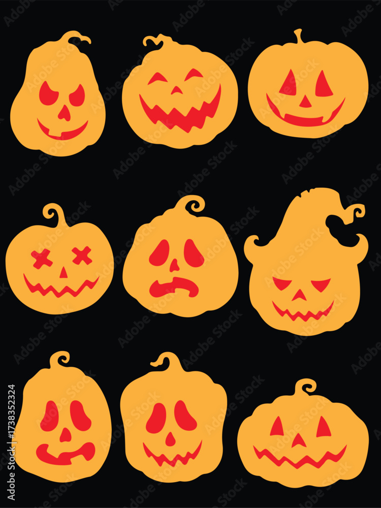 Obraz premium A collection of nine stylized Halloween jack-o'-lanterns with different carved facial expressions against a black background.