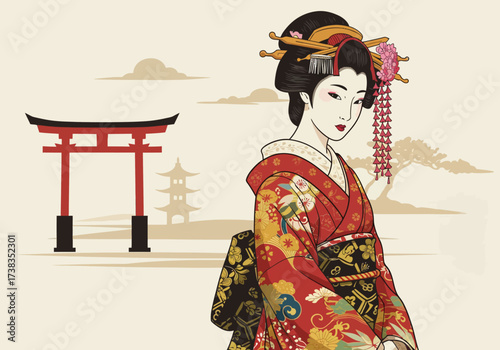 Elegant Geisha in Red Kimono with Traditional Hair Ornaments.