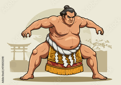 Cartoon Sumo Wrestler in Mawashi Ready for a Match.