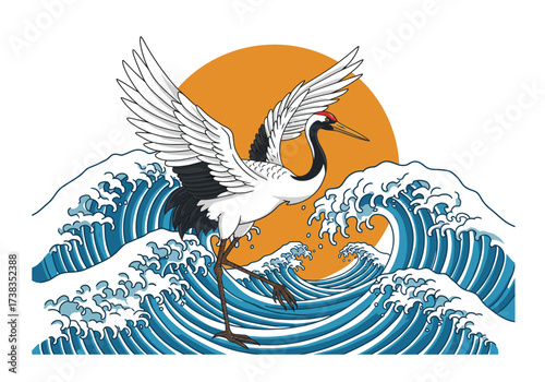 Elegant Red-Crowned Crane Flying Above Stylized Ocean Waves and Sun.