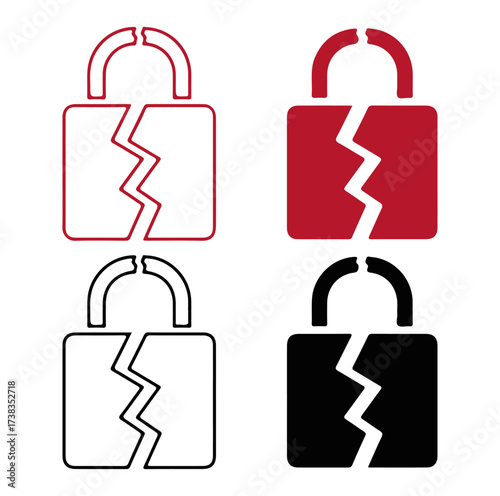 Broken Padlock Icon Set – Symbols of Security Breach, Data Vulnerability, and Compromised Protection