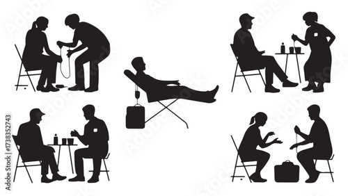 Silhouette illustration of blood donation scenes showing medical professionals and donors vector graphic isolated on white