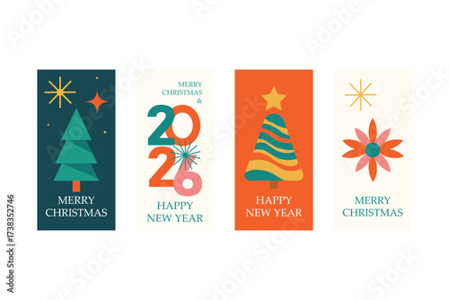 Christmas greetings feature stylish trees, geometric starbursts, and retro 2026 numerals, presented on individual cards