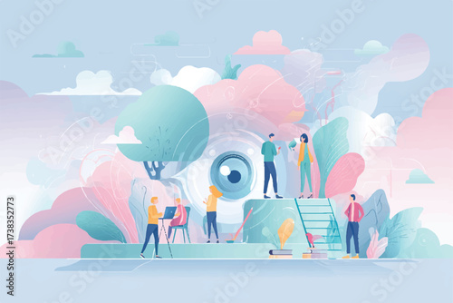 Abstract Illustration of People Working Together Under Surveillance with Pastel Colors and Dreamy Atmosphere for Business