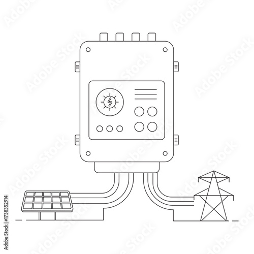 Flat line vector illustration of a solar inverter system with solar panel and power grid connection, renewable energy technology concept, isolated on white background for commercial use.